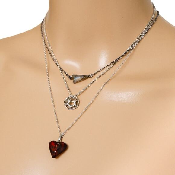 Lot Of 3 Stackable Sterling Silver Layered Necklace Set Labradorite Amber Boho - Picture 4 of 16